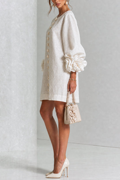 SIRA MONTERO | Vestido mini de lino con puños anudados y botones florales - Blanco