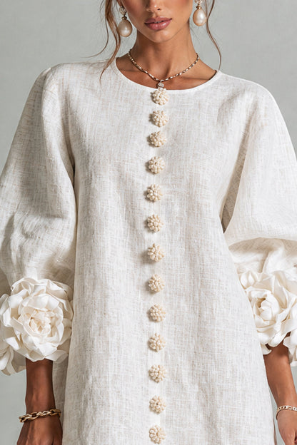 SIRA MONTERO | Vestido mini de lino con puños anudados y botones florales - Blanco