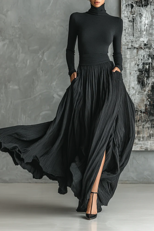 Conjunto de camiseta de cuello alto y falda plisada - Negro
