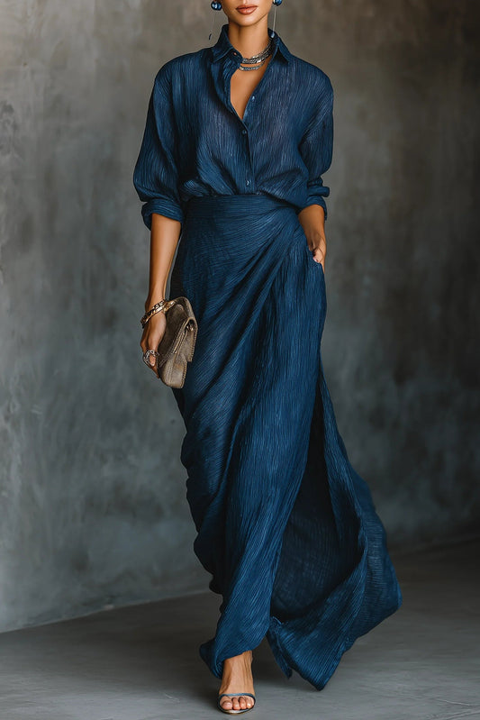Conjunto de camisa y falda larga de lino y algodón - Azul oscuro