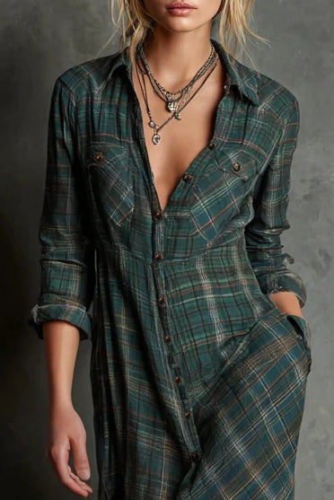 Vestido camisero largo de cuadros - Verde