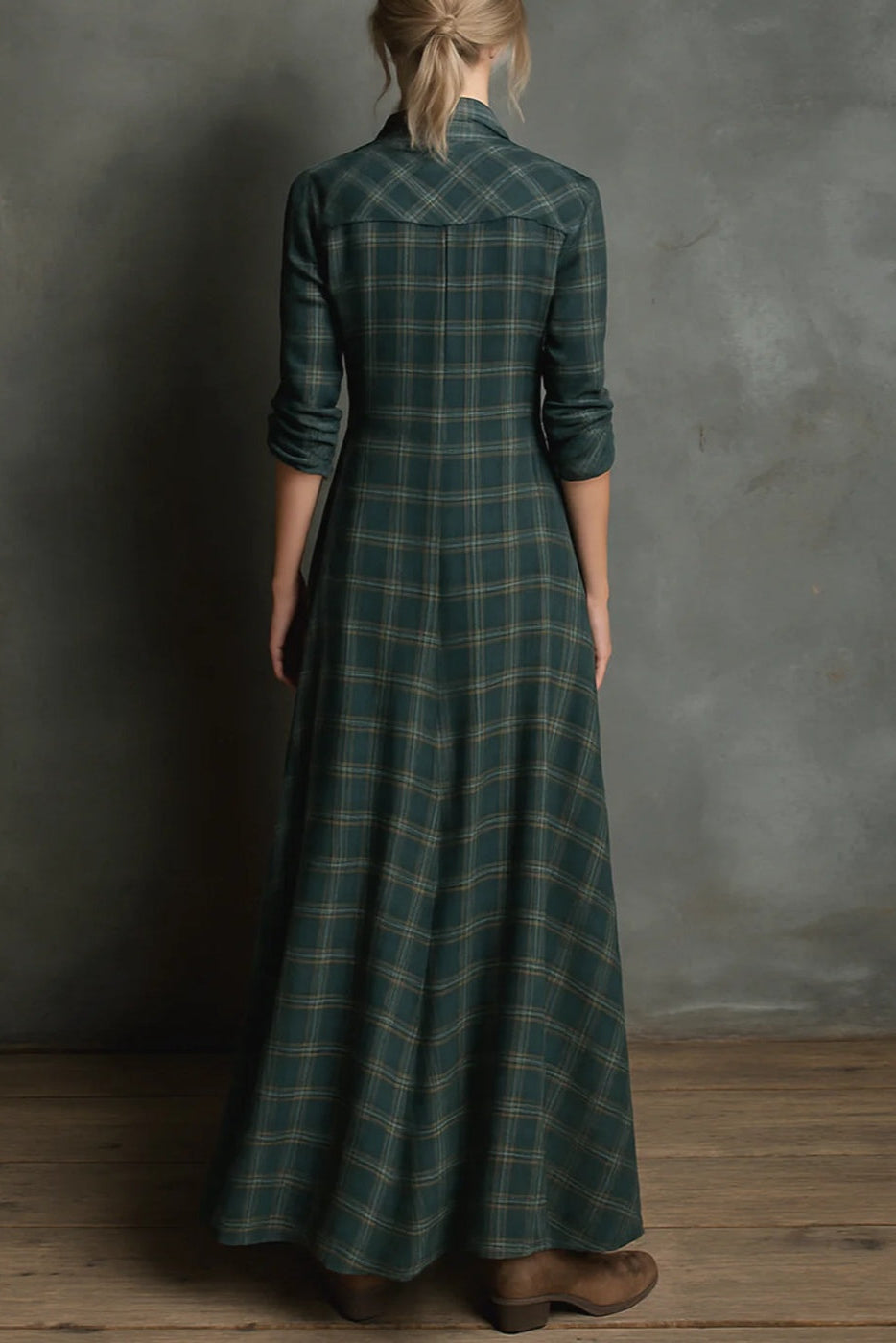 Vestido camisero largo de cuadros - Verde