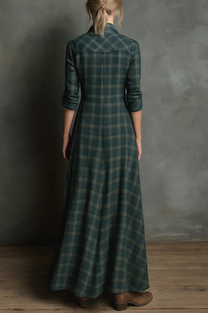 Vestido camisero largo de cuadros - Verde
