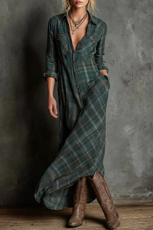 Vestido camisero largo de cuadros - Verde