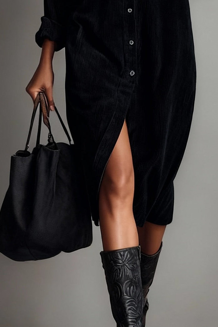 Vestido midi de pana con bolsillos - Marrón
