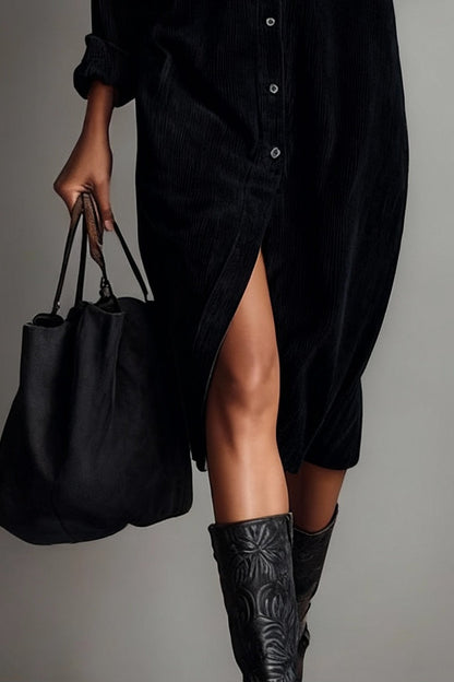 Vestido midi de pana con bolsillos - Marrón