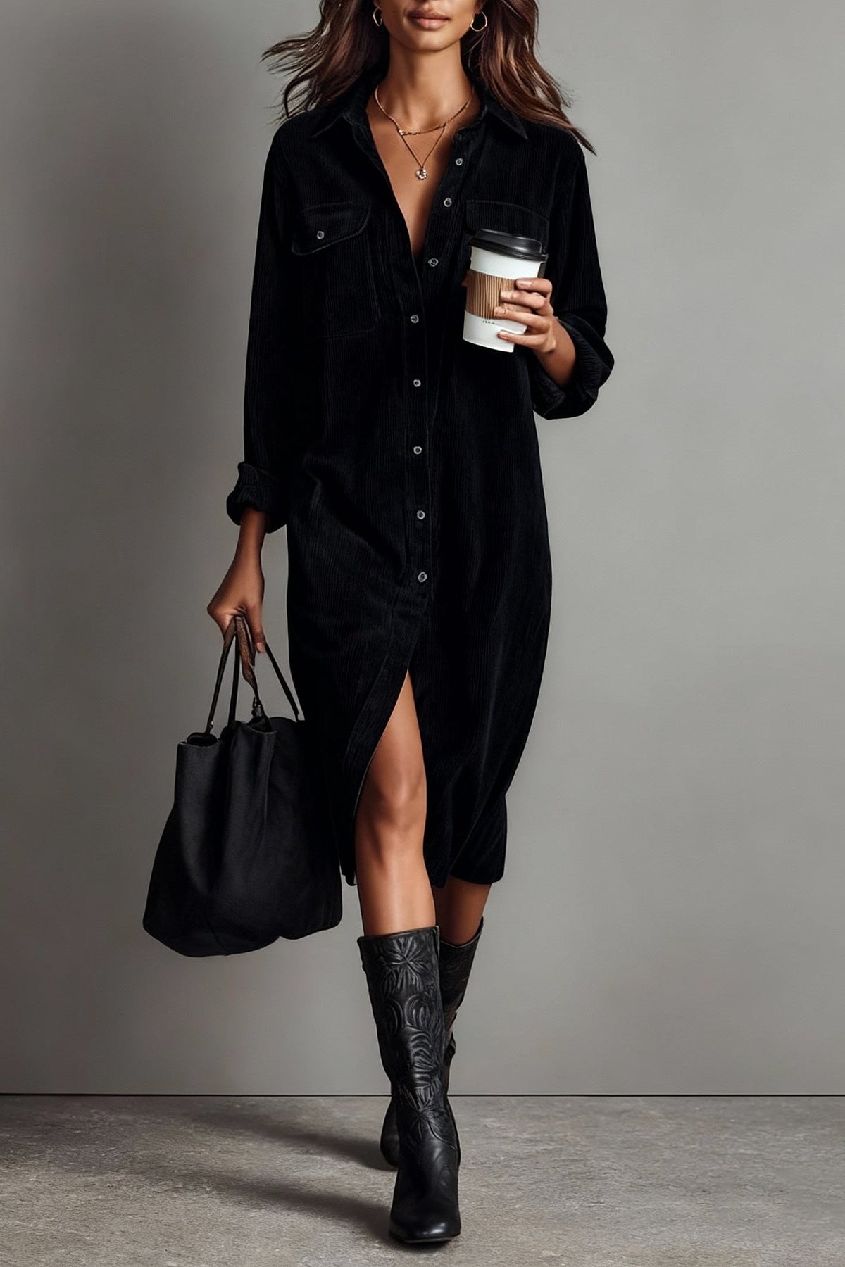 Vestido midi de pana con bolsillos - Marrón