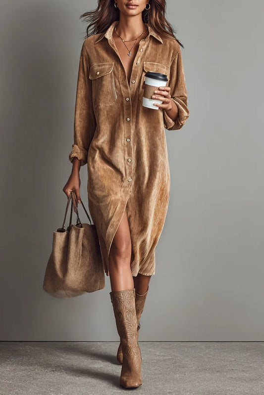 Vestido midi de pana con bolsillos - Marrón