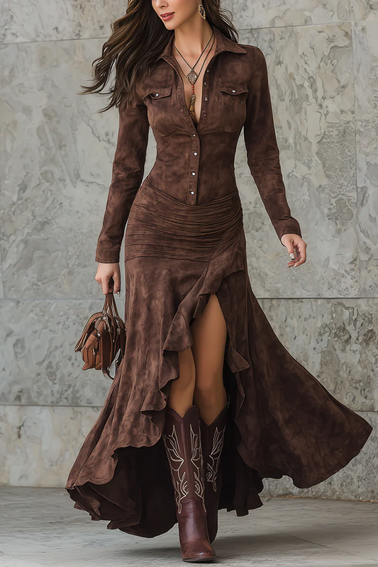 Vestido largo con volantes y solapa - Marrón