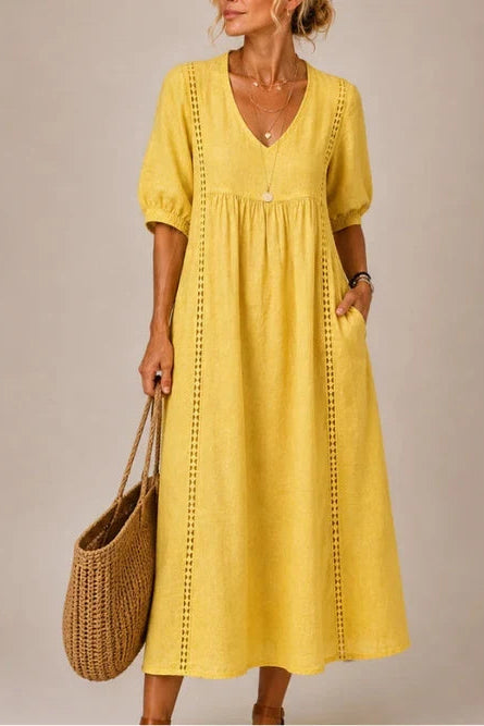 SIRA MONTERO | Vestido midi de verano de lino y algodón con escote en V y detalles de encaje - Amarillo