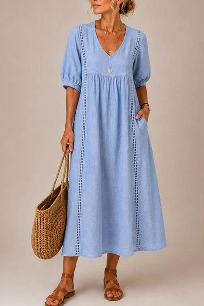 SIRA MONTERO | Vestido midi de verano de lino y algodón con escote en V y detalles de encaje - Amarillo