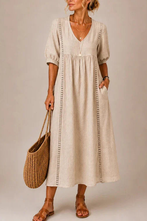 SIRA MONTERO | Vestido midi de verano de lino y algodón con escote en V y detalles de encaje - Azul claro