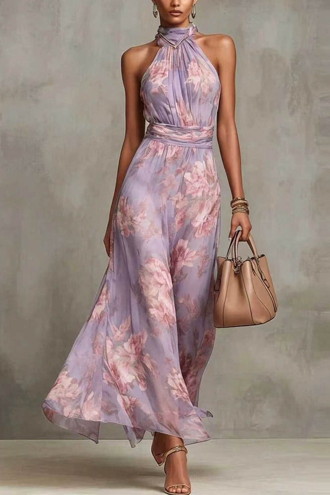 Vestido largo de gasa floral con cuello halter - Lila