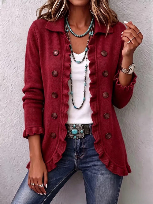 Chaqueta de Punto Rojo Rubí con Volantes de Sira Montero