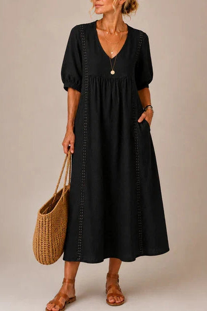 SIRA MONTERO | Vestido midi de verano de lino y algodón con escote en V y detalles de encaje - Amarillo