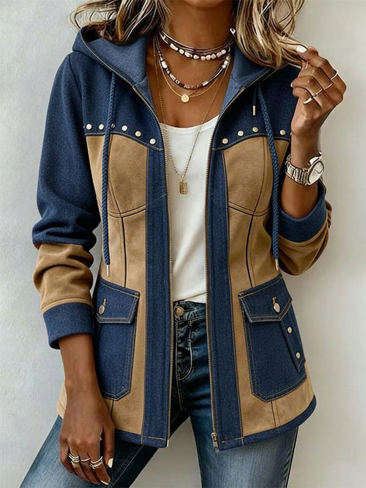 Chaqueta con Capucha Bicolor Marino y Camel de Sira Montero