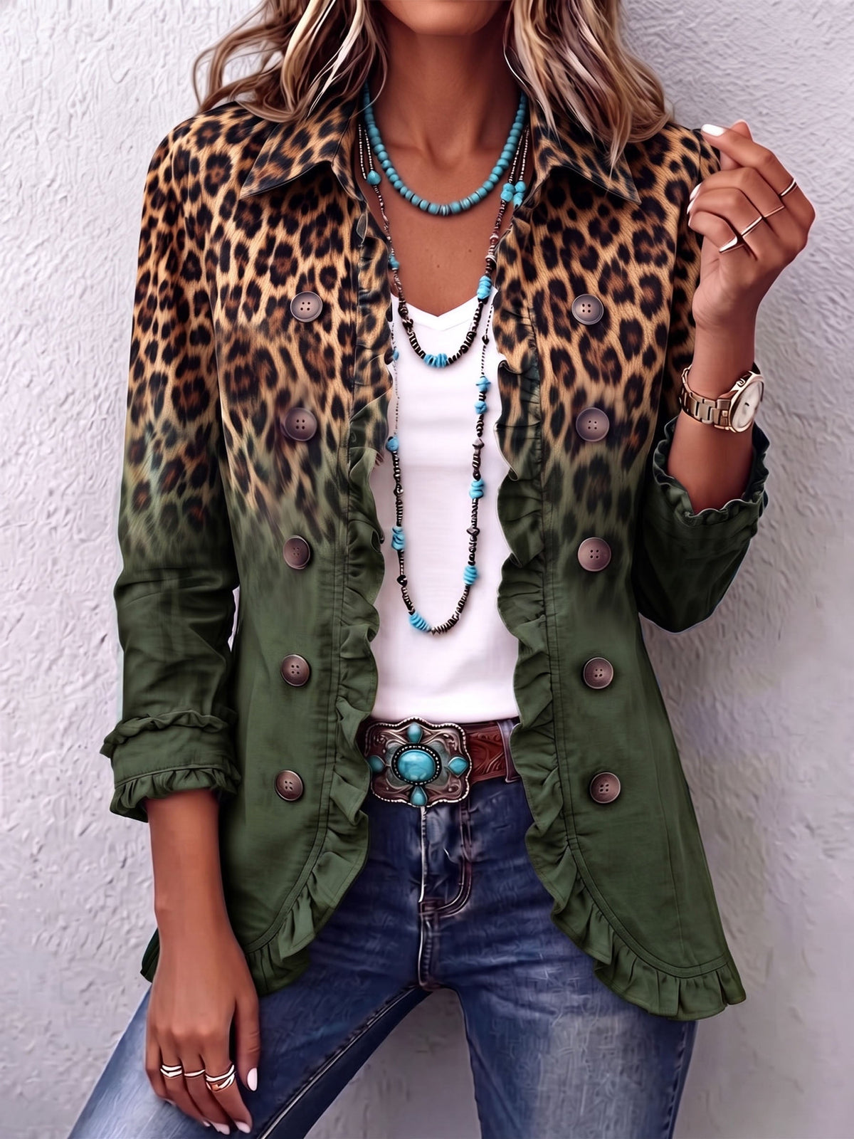 Chaqueta Blazer de Leopardo Degradado con Volantes de Sira Montero