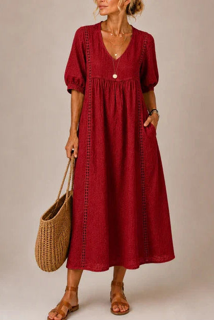 SIRA MONTERO | Vestido midi de verano de lino y algodón con escote en V y detalles de encaje - Amarillo
