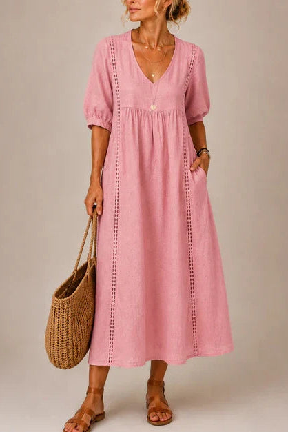SIRA MONTERO | Vestido midi de verano de lino y algodón con escote en V y detalles de encaje - Amarillo
