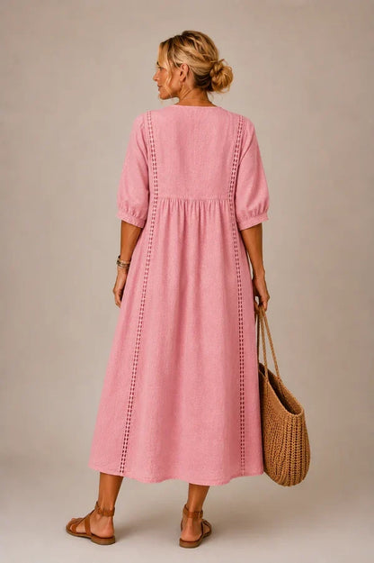 SIRA MONTERO | Vestido midi de verano de lino y algodón con escote en V y detalles de encaje - Azul claro