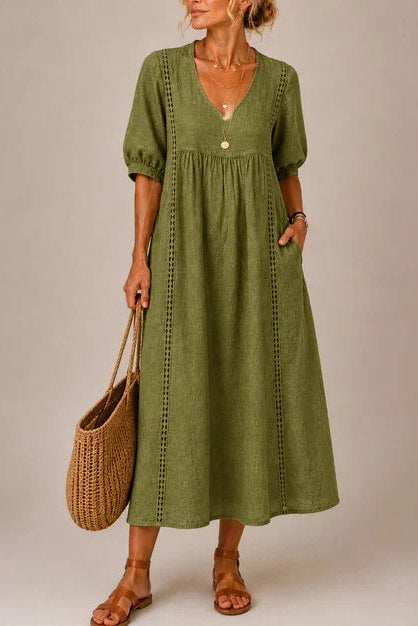 SIRA MONTERO | Vestido midi de verano de lino y algodón con escote en V y detalles de encaje - Amarillo